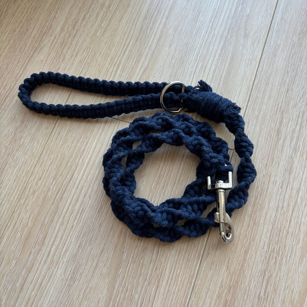 Handmade macrame dark blue navy leash 4FT with silver clip and poop bag holder